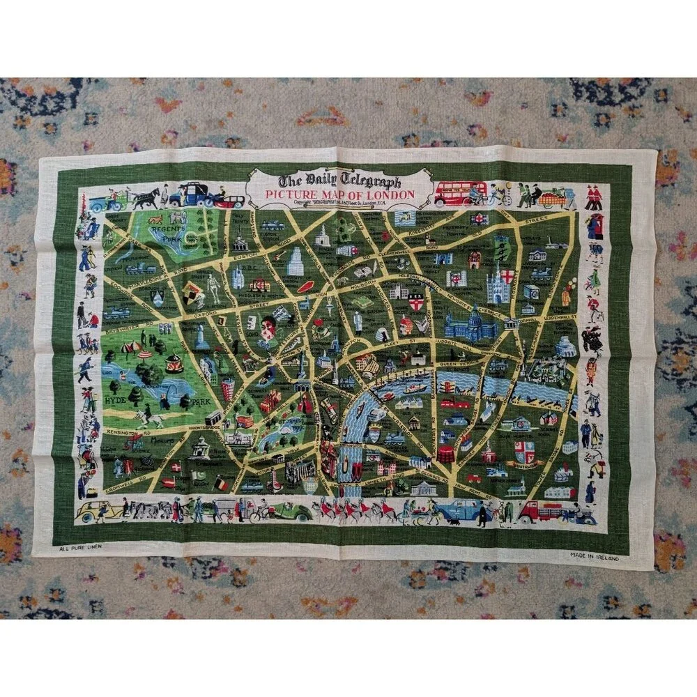 Vintage Mid Century Irish Linen Souvenir Tea Towel - Picture Map of London‎